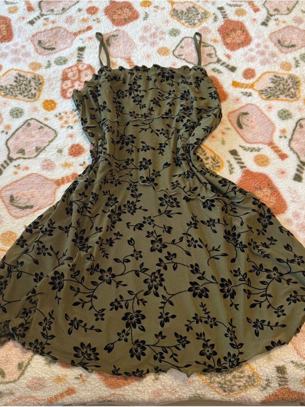 Olive Green Floral Slip Dress with Black Print